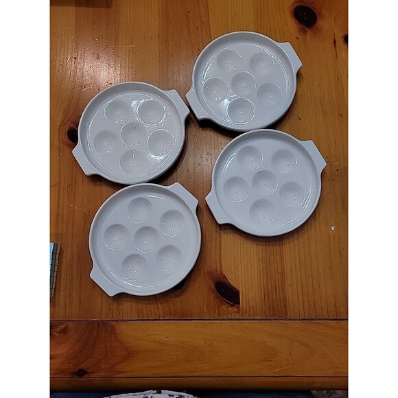 4 Escargot White Enamel Metal Plates Baking Dishes & Server Escargot/Mushroom - Picture 6 of 12